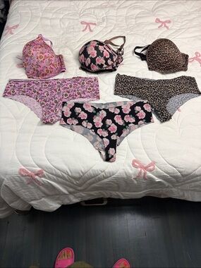PINK Victoria's Secret Floral & Leopard Bra and Panty Set - Pink, Black, Brown